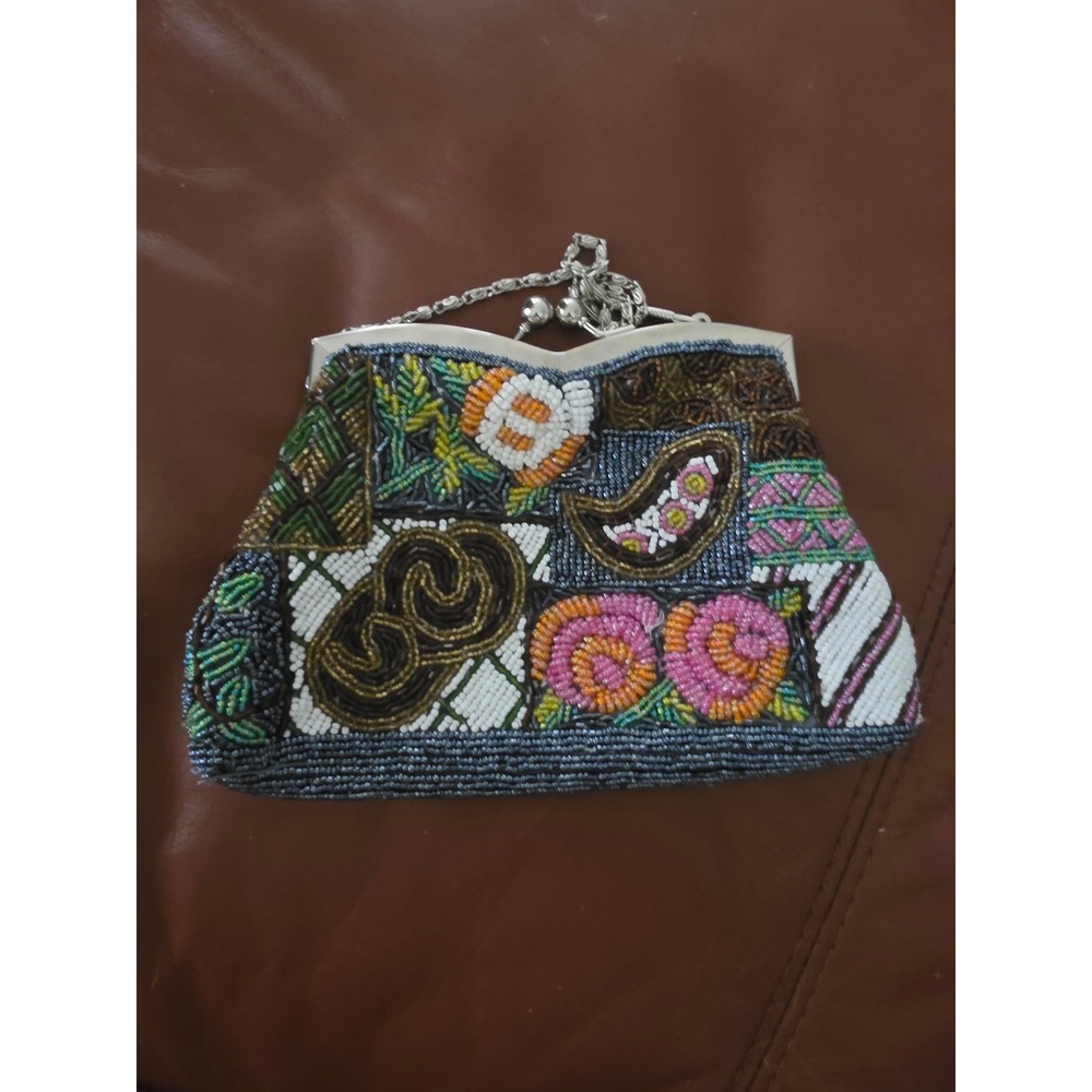 Vintage Beaded Floral Kiss Lock Clutch Silver Chain Evening Bag Patchwork Multi